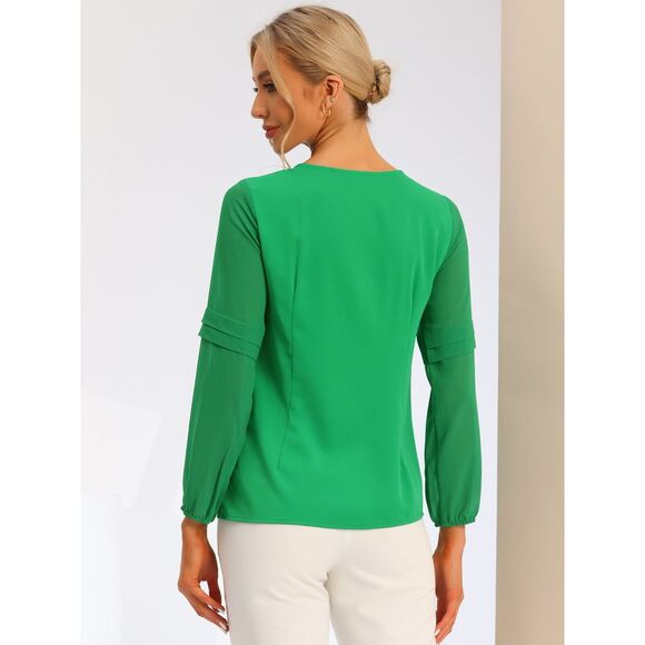 Work Tops Chiffon Shirt Semi Sheer Keyhole Neck Blouse Bright Green - Picture 4 of 6